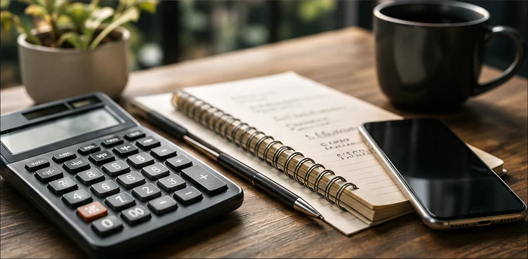 A calculator, notebook and phone for reviewing the whole financial picture