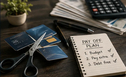 Credit cards, a calculator and a written debt payoff plan